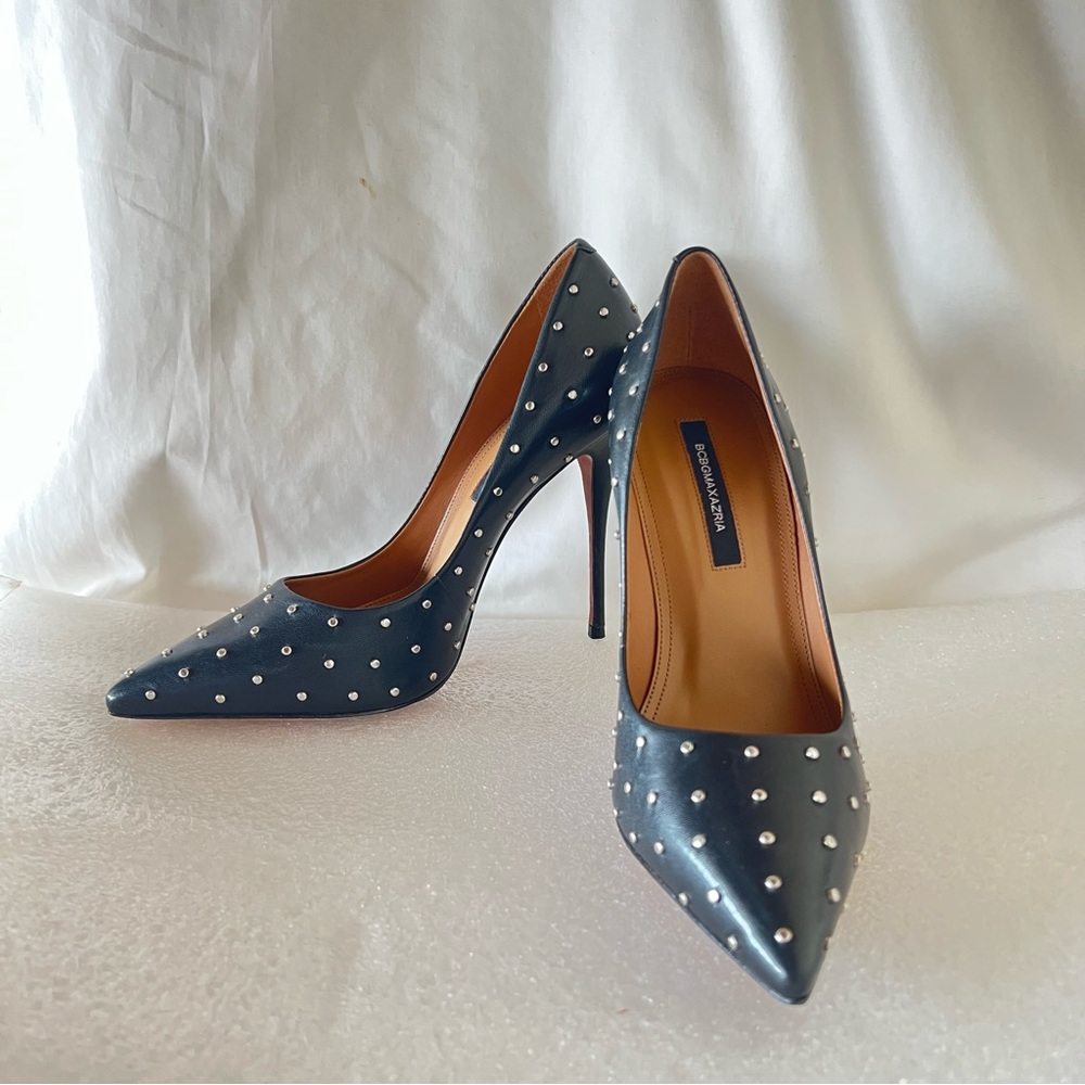 BCBGMAXAZRIA Black Studded Leather Nova-Stud Rocker Goth Pointy High Stiletto 9